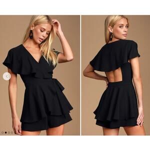 Lulus Romper Womens Size XS Aldrin Black Ruffled Backless Wrap Skort Shorts NEW